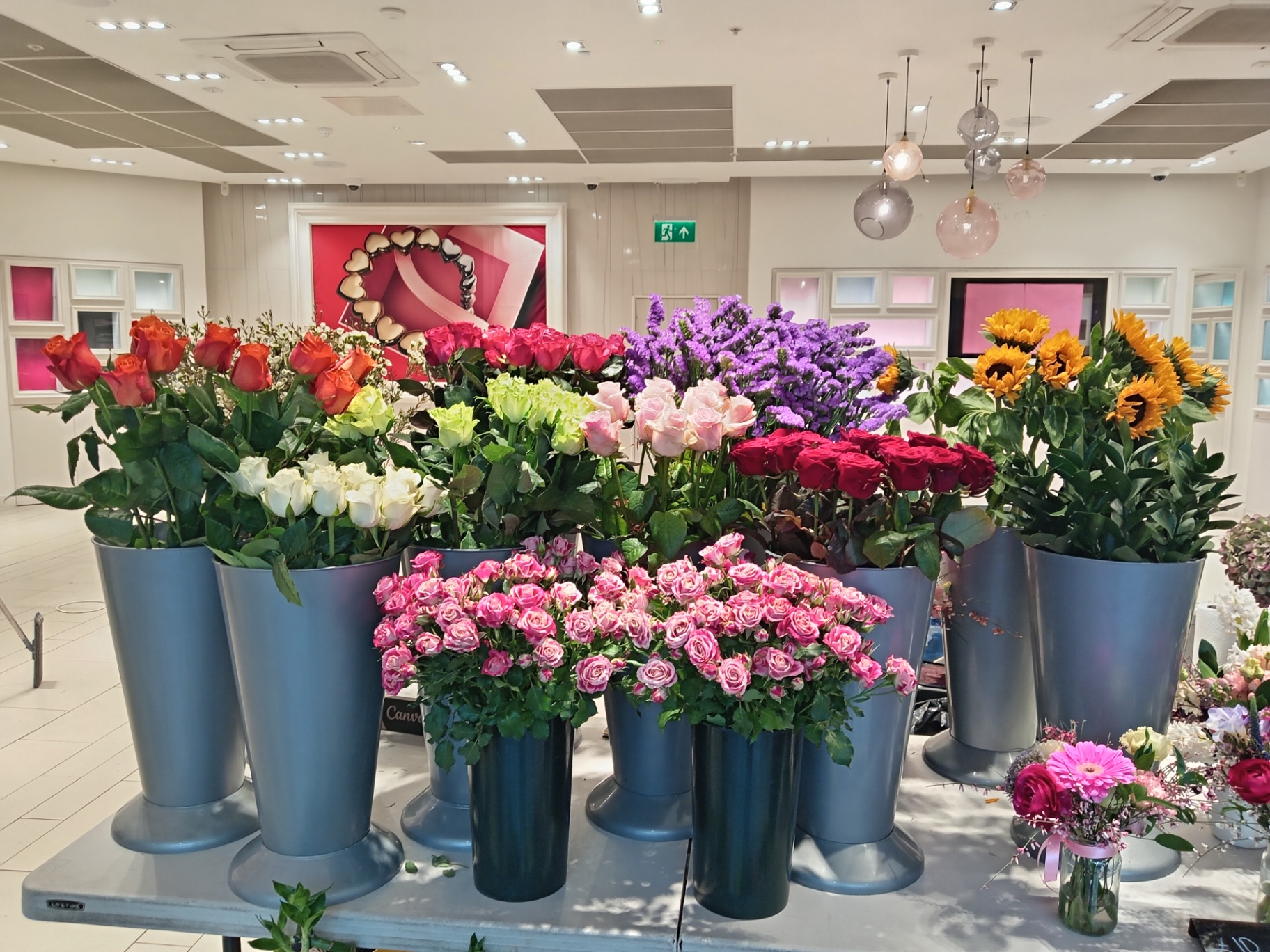 Vases of orange, red, pink and white roses with sunflowers and statice in our Sutton shop